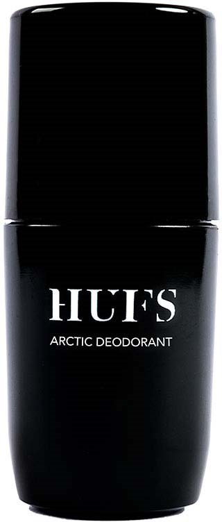 Eine schwarze Flasche mit HUT'S Arctic Deodorant, schlichtes Design, weiße Beschriftung.