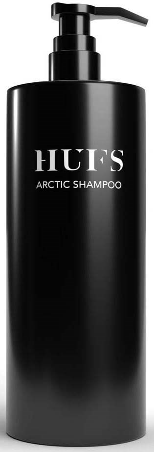 A tall black bottle with a pump, labeled 'HUES Arctic Shampoo,' standing against a white background.