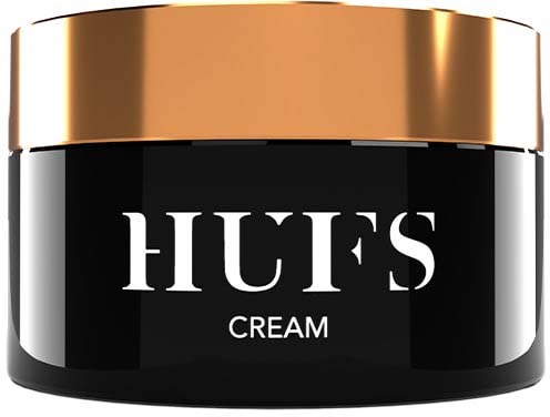 En sort krukke med guld låg mærket 'HUFS CREAM' i hvid tekst.