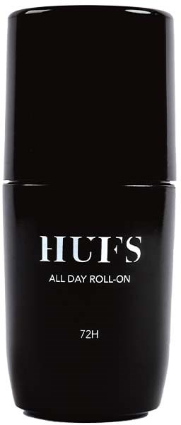 En svart rullende deodorant med hvit tekst som sier 'HUT'S All Day Roll-On 72H.'