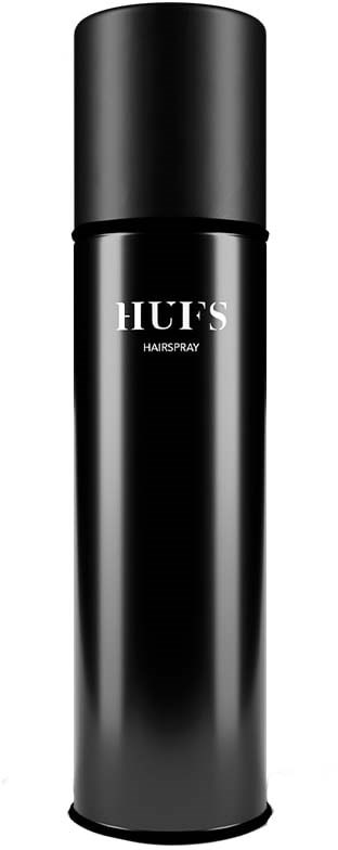 En høj sort spraydåse med teksten "HUES HAIRSPRAY" på.