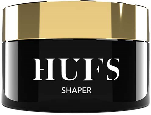 En lille sort krukke med guldlåg, mærket 'HUFS Shaper.' Det er sandsynligvis et kosmetikprodukt.