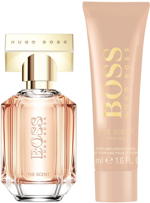 En parfyllare och kroppslotion från Hugo Boss, i mjuka rosa och guldfärger.
