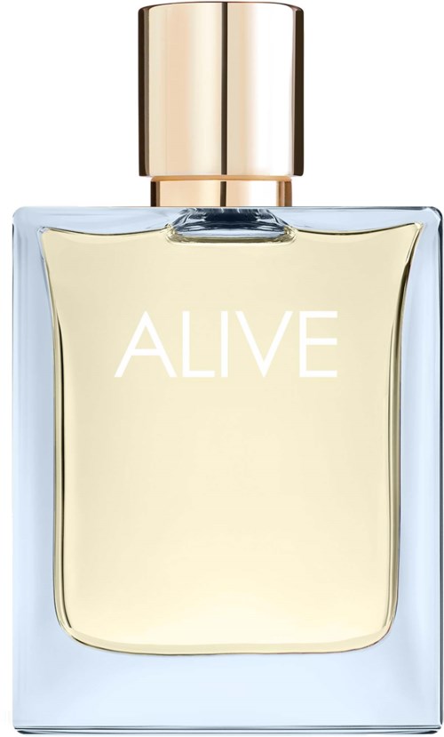 A perfume bottle with a gold cap and the word ALIVE written on it.