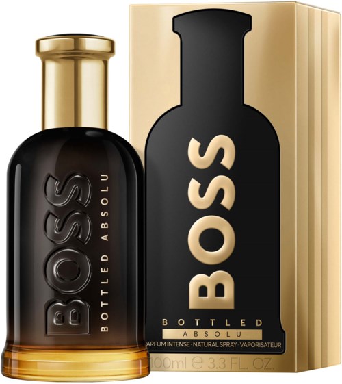 Een zwart en goud parfumflesje en de bijbehorende doos, beide met "BOSS" en "BOTTLED ABSOLU".