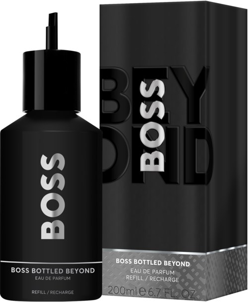 Black perfume bottle with 'BOSS' label, next to a black box with 'BOSS BOTTLED BEYOND' text, 200ml size.