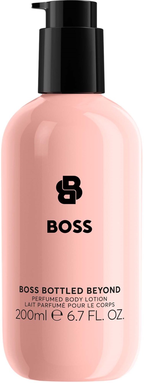 Lyserød flaske med Boss Beyond duftende bodylotion med sort pumpe, 200 ml etikett.