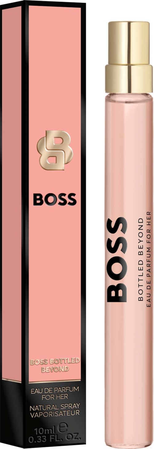 BOSS Bottled Beyond perfume in a pink bottle with a gold cap, next to a pink and black box with BOSS logo.