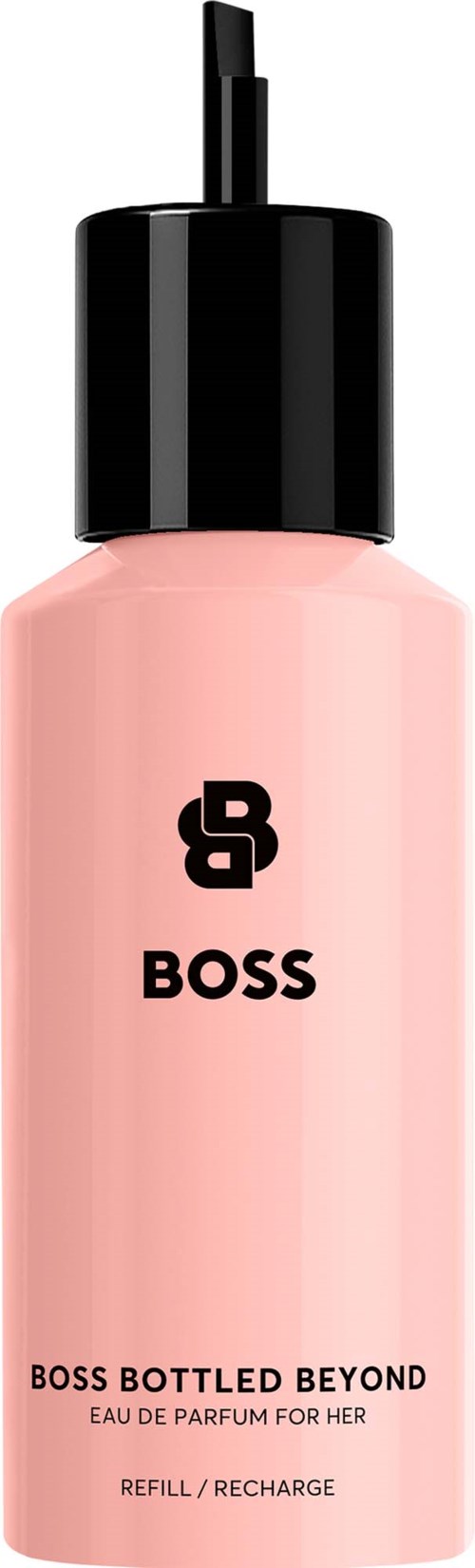 A pink rectangular bottle with a black pump top. The text BOSS and BOSS BOTTLED BEYOND is printed on it.
