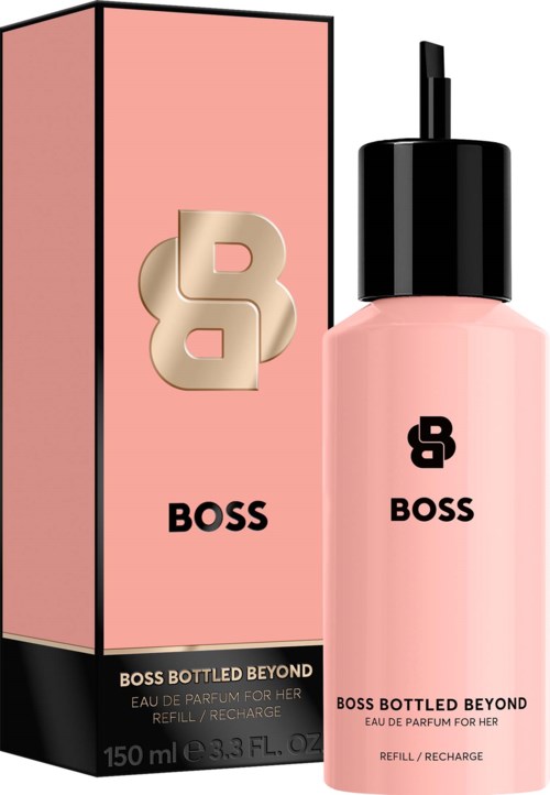 Pink perfume bottle with black cap and logo, next to matching pink box with logo and product name.