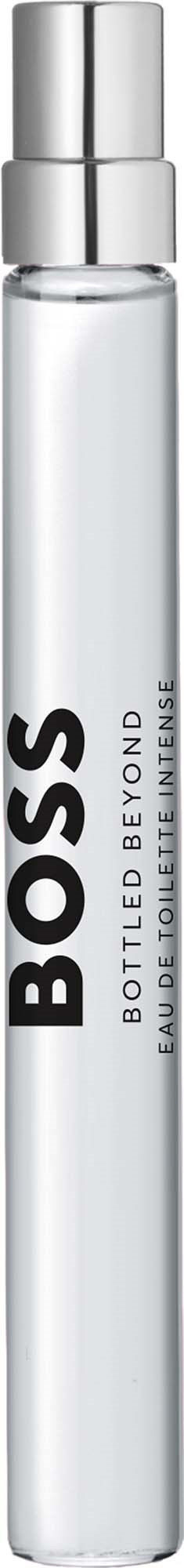 A sleek, tall, white perfume bottle with a silver cap and bold black BOSS logo.