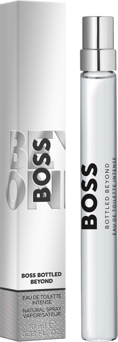 A slim perfume spray bottle with white and silver packaging, labeled BOSS BOTTLED BEYOND, with a white box beside it.