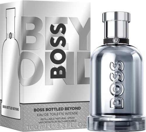 Boss Bottled Beyond perfume bottle and packaging with logo design in black and white.