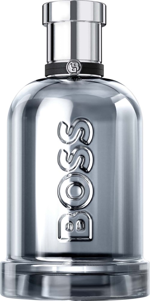 A silver BOSS perfume bottle with a clear, rounded glass body and a silver cap, featuring the BOSS logo.