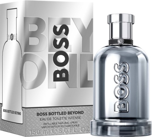 Boss Bottled Beyond perfume bottle and packaging featuring the product name.