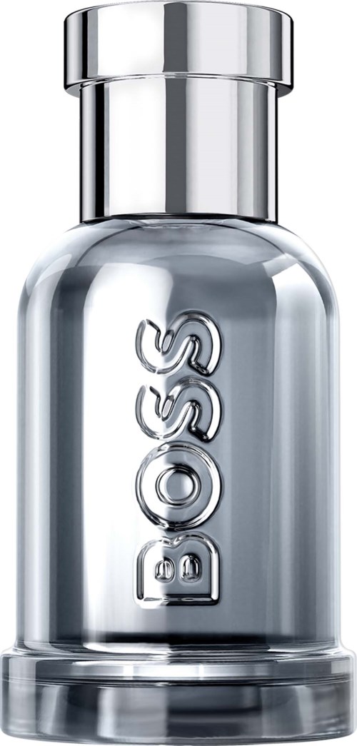 A clear glass perfume bottle with a silver cap and the BOSS logo embossed on the front.