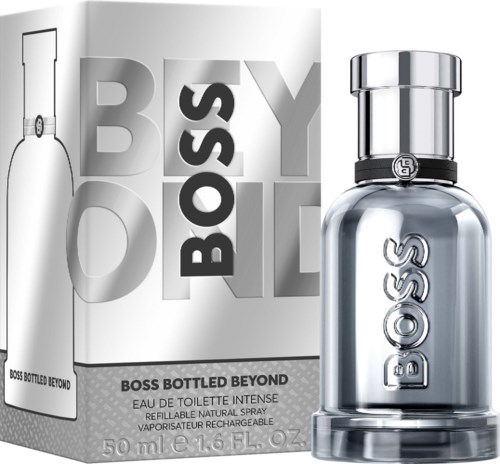 BOSS Bottled Beyond perfume bottle and box with silver cap, sleek design, and BOSS logo, 50 ml.
