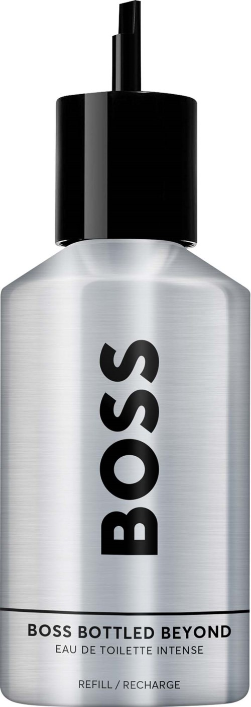 A silver spray bottle with a black spray top and bold black BOSS logo, labeled Boss Bottled Beyond fragrance.