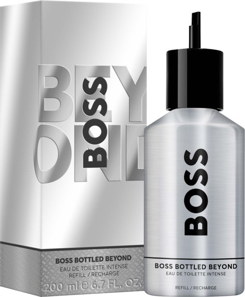 A silver bottle of Boss Bottled Beyond perfume with a black cap and box with large silver and black text.