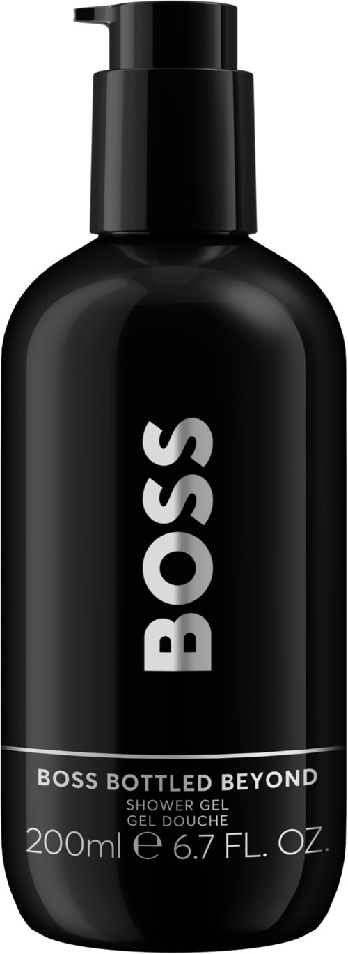 A black bottle labeled "BOSS" with a pump, contains 200ml of shower gel.