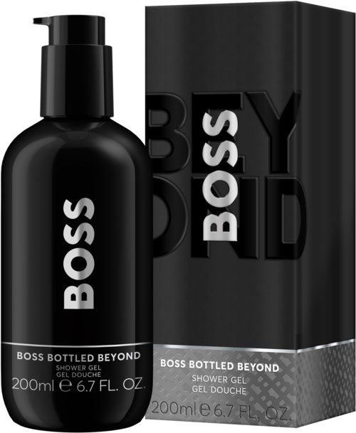 A black Boss bottled beyond shower gel bottle with a pump, next to a black box with the same logo.