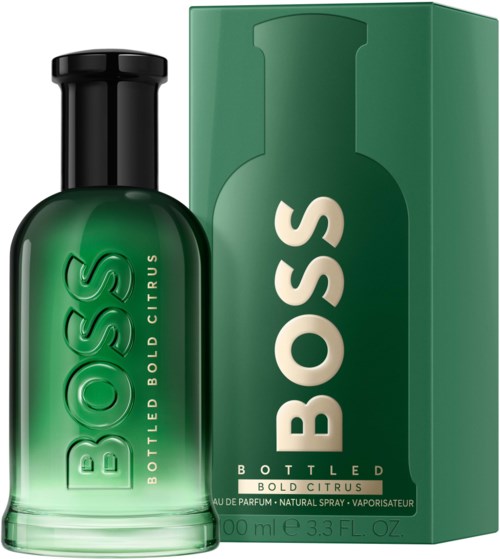 Vihreä hajuvesipullot ja laatikko, jossa lukee "BOSS Bottled Bold Citrus".