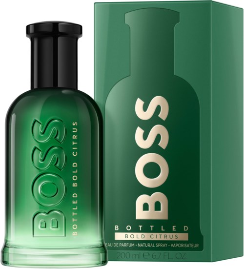Vihreä parfyyttipullo ja laatikko, jossa lukee Boss Bottled Bold Citrus, aromituote, jossa raikas sitrus tuoksu.