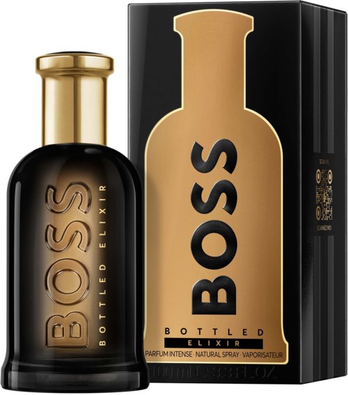 A dark perfume bottle with gold cap stands next to a black box with a gold and black logo, labeled Boss.