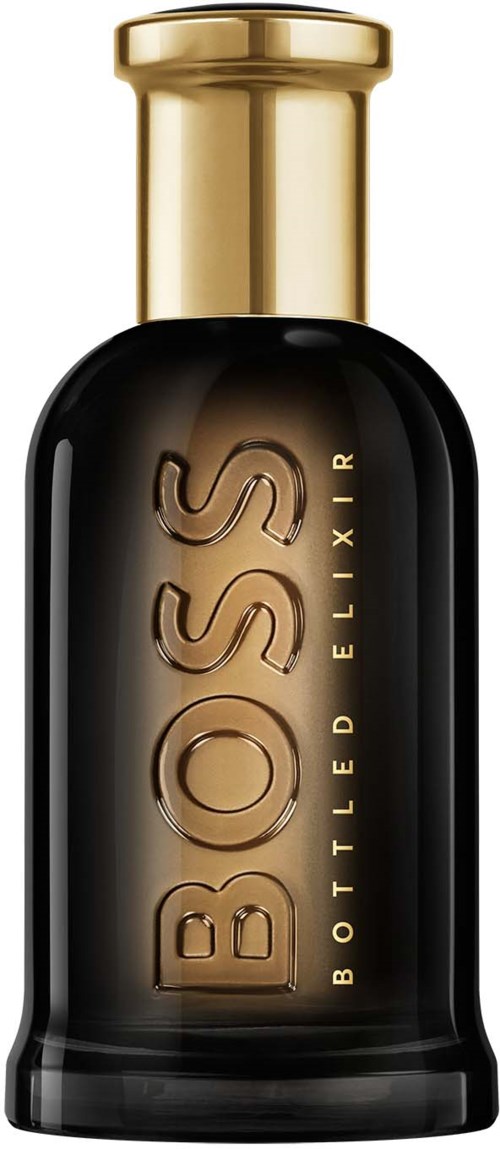 A dark bottle with a gold cap, labeled 'BOSS Bottled Elixir'.