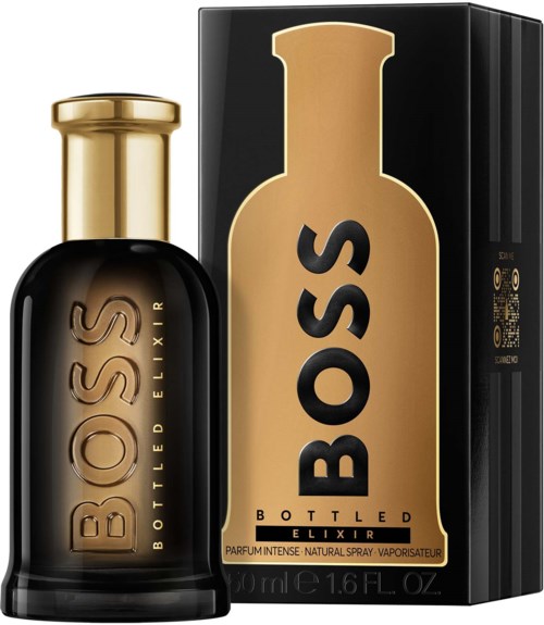A black and gold perfume bottle with a box, labeled 'BOSS Bottled Elixir,' indicating a perfume product.
