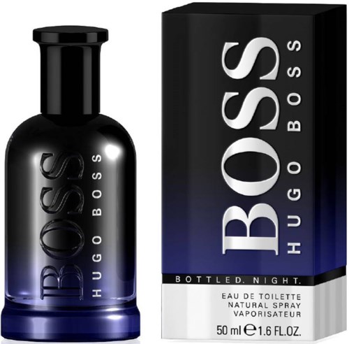 Czarna i niebieska butelka perfum i opakowanie z logo BOSS, oznaczone jako Eau de Toilette, 50 ml.