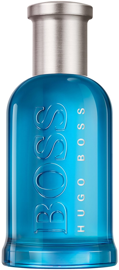 Blå parfyflaske med sølvhette og teksten 'BOSS HUGO BOSS'.