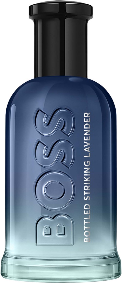 Blue bottle with a black cap, labeled Boss and Stiking Lavender on it.