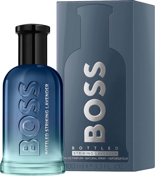 A blue perfume bottle labeled BOSS with lavender scent and its matching box shown together.