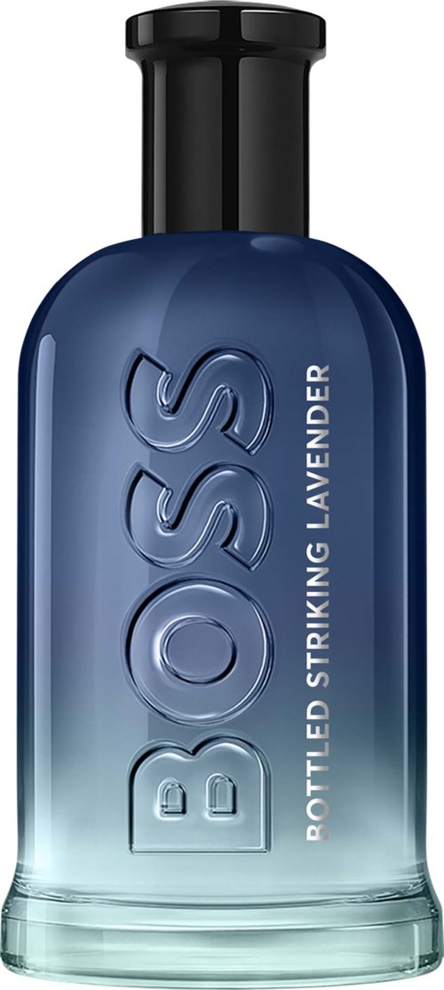 Blue glass bottle with large BOSS logo and text Bottle Led Striking Lavender.