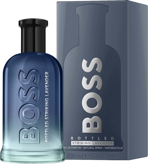 A blue BOSS cologne bottle next to its box, labeled striking lavender, 200 ml size.