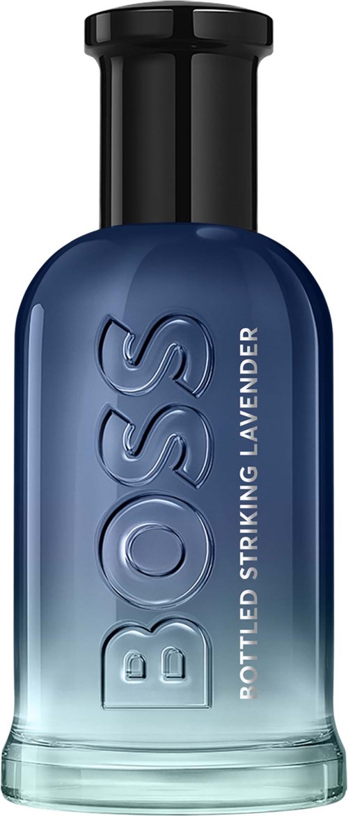 A blue bottle labeled Boss with bottleled striking lavender scent.