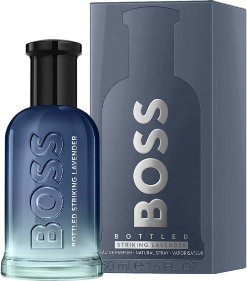 A bottle of BOSS Lavender perfume beside its box, both with blue and gray colors and bold white text.