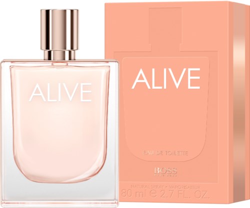 En parfyllflaska och box märkta 'ALIVE' av BOSS, rosa färg, enkel design, 80 ml.