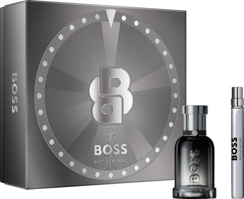 BOSS parfymgavepakke med sort flaske og sølv spray, vist med en elegant sort æske med ur-design.