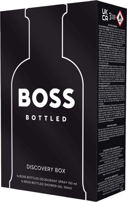 Pakkauksessa BOSS Bottled deodorantti-suihkeen ja suihkugeelin kanssa, musta pakkaus ja valkoinen pullon kuva ja tuotetiedot.