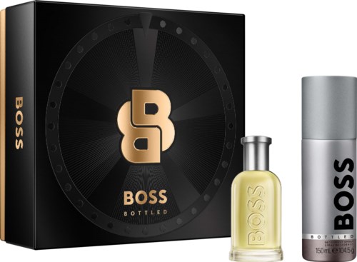 BOSS Bottled geursset met zwarte doos, kleine perfume fles en een zilveren deodorantstift.