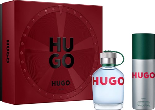 Hugo herreduft gaveæske med rød æske, glasflaske og spray.