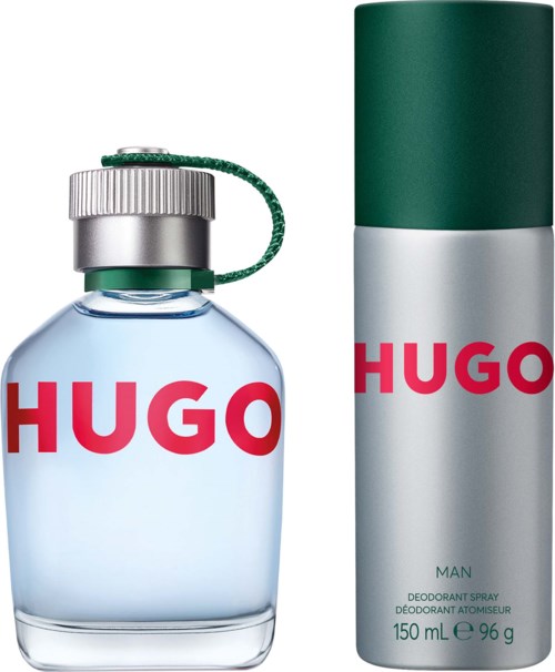 Hugo herreduft i sprayflaske med sølv- og grøn kan med rød logo og klar glasflaske med sølvhætte og grøn løkke.