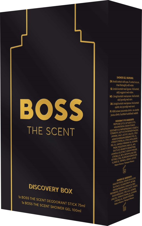 Czarna opakowanie z złotymi liniami i tekstem Boss The Scent Discovery Box zawierającym dezodorant i żel pod prysznic.