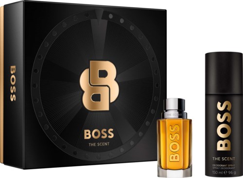 BOSS The Scent dufteske, flaske og deodorantstift i sort og guld.