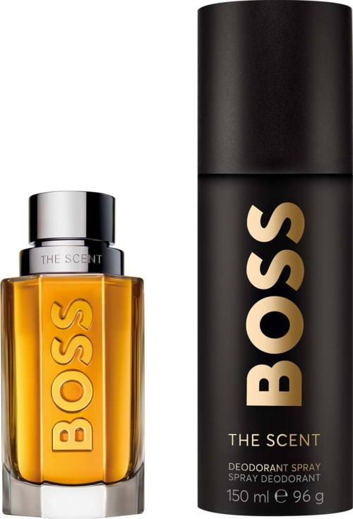 BOSS The Scent parfymeflaske ved siden af deodorantspray.