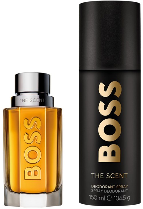 En parfyllflaska och spray med BOSS-logga, svarta och silverfärger, och doftetiketten.