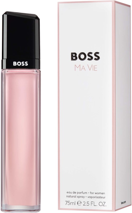 Różowa butelka sprayu perfum Boss Ma Vie obok białego pudełka z różowymi krawędziami i czarnym napisem.