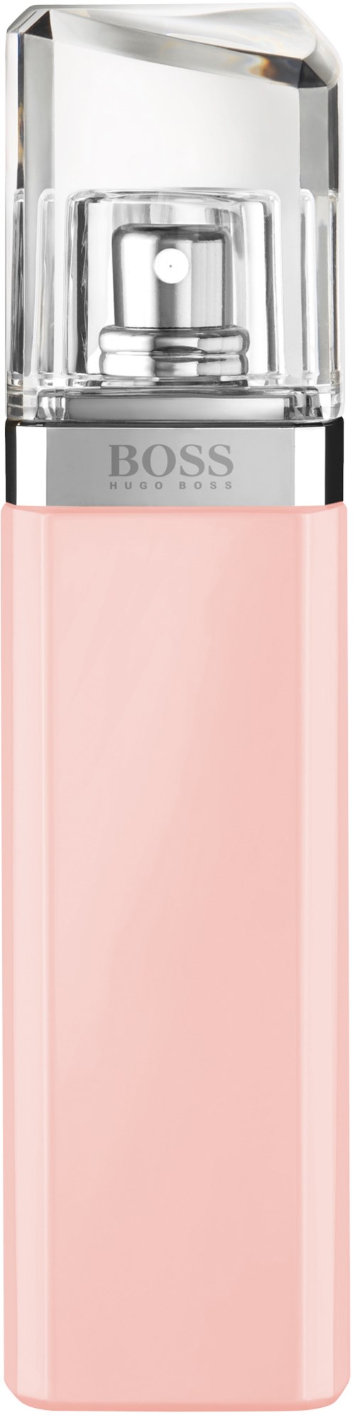En rosa flaska med transparent lock och sprutfäste, märkt 'BOSS'.